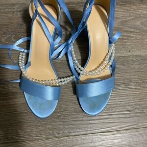 Blue Satin Pearl-Accent Womens Sandals